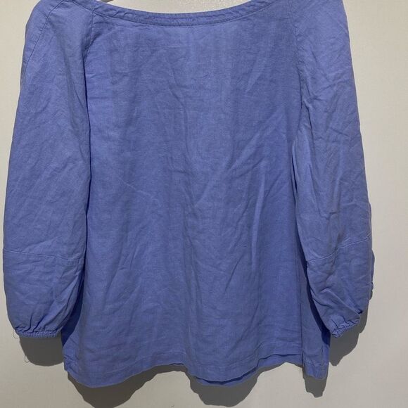 Loft Women's Blue V-Back Linen Blend Balloon Sleeve Pullover Blouse Size LP - Picture 1 of 9